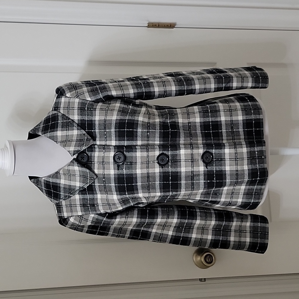 Briggs New York Petite Size 8P Black White Plaid Tweed-Like Jacket, Button Front